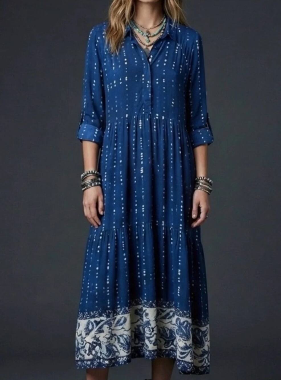 NATURAL LIFE | blue white shibori tiered 3/4 sleeve rayon floral maxi dress